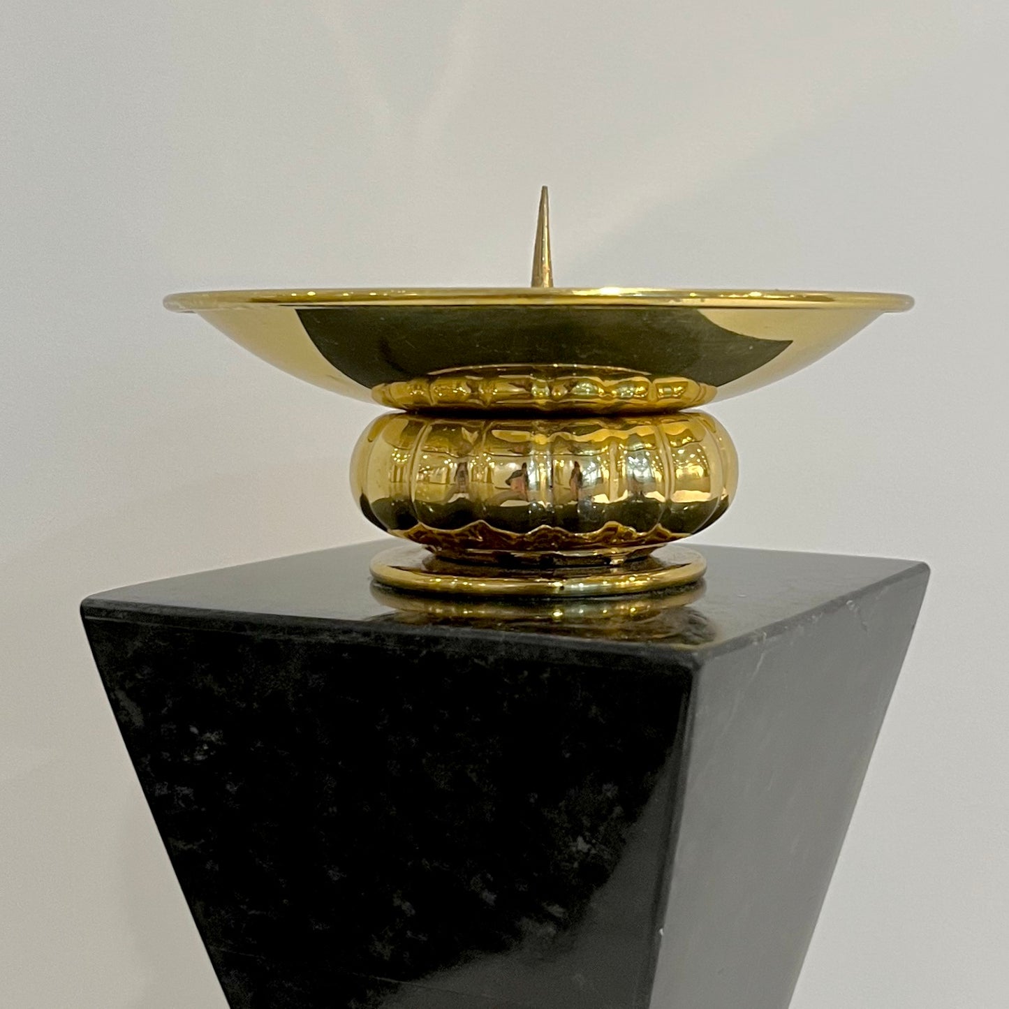 French Vintage Set of 2 Modern Black Lacquer Metal Geometric Cubist Candlesticks