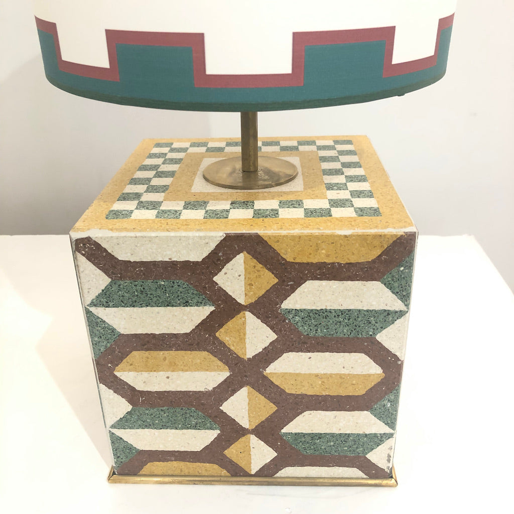 Vintage Pair of Italian Mosaic Cement Tile Cube Lamps with Custom Shades