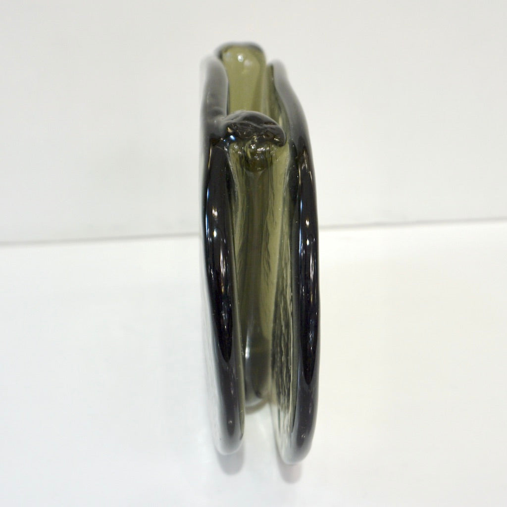 1970s Vintage Abstract Italian Smoked Green Murano Glass Oval Flower Vase