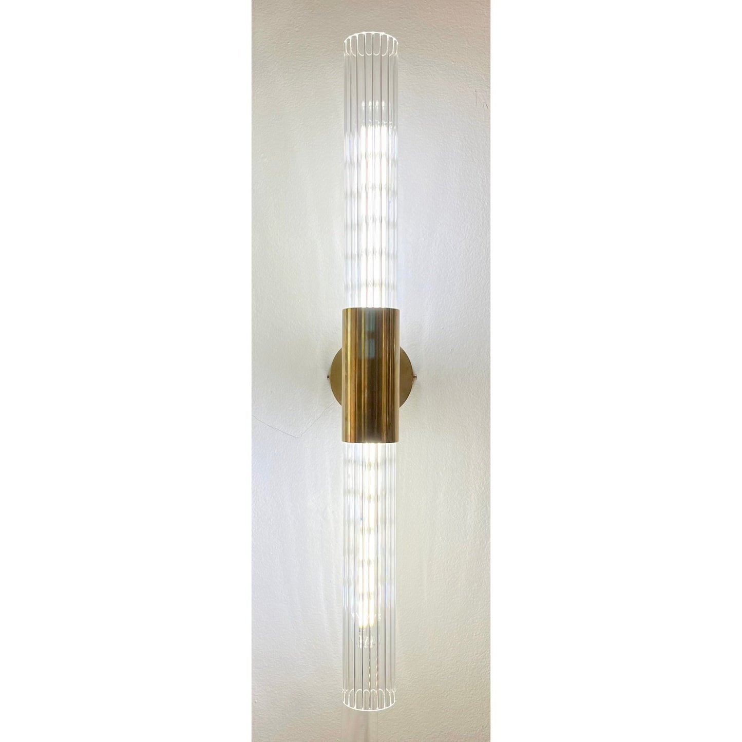 1980s Italian Art Deco Style Pair of Reeded Crystal Glass Brass Tubular Sconces