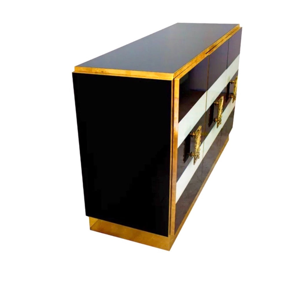 Bespoke Italian Art Design Brass Black White Stripe Glass Dresser Sideboard