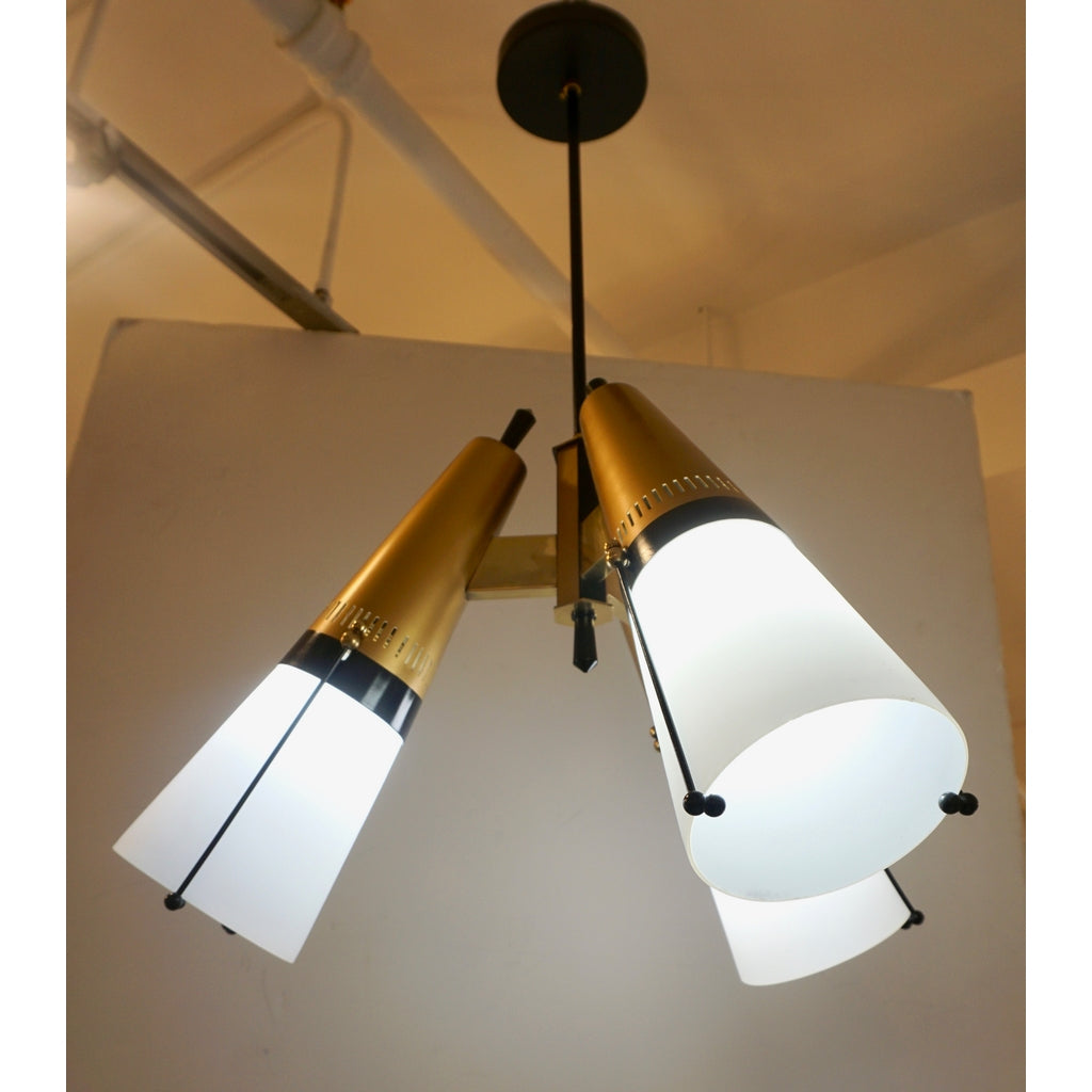Torlasco 1950s Italian Vintage Brass Black White Three-Light Cone Chandelier