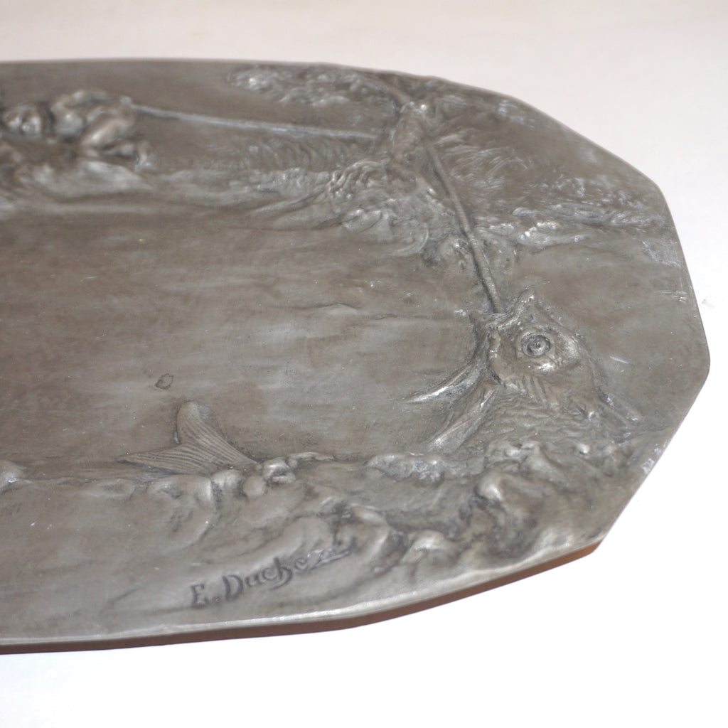 1900s French Art Nouveau Sculpted Pewter Dish with Fishing Putti in Relief