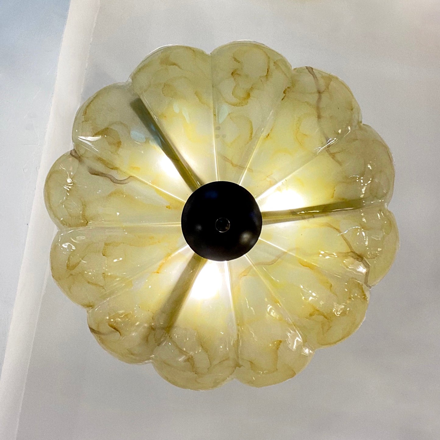 1950s Italian Mustard Yellow Streak Murano Glass Bronzed Dome Pendant/Flushmount