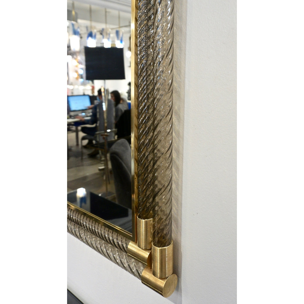 Italian Art Deco Design Twisted Gray Smoked Murano Glass & Gold Brass Mirror