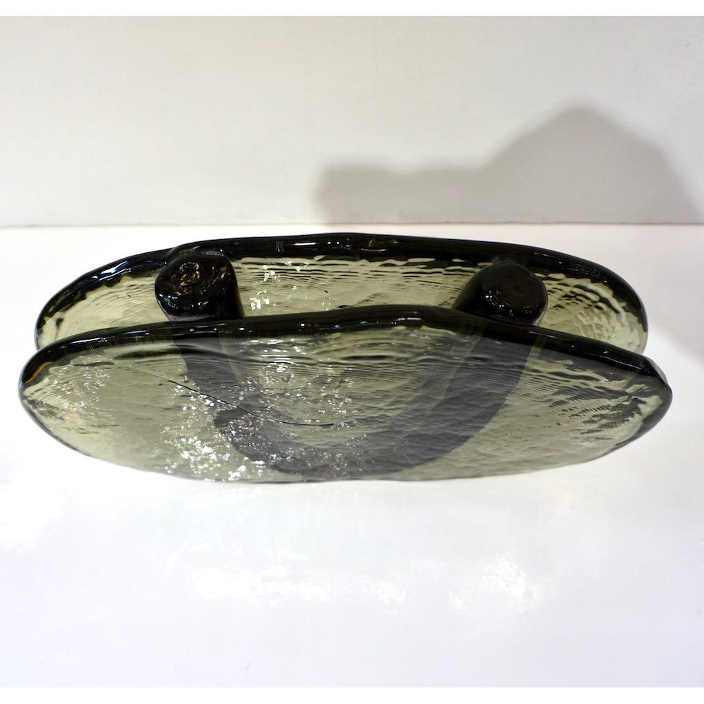 1970s Vintage Abstract Italian Smoked Green & Black Murano Glass Oval Flower Vase
