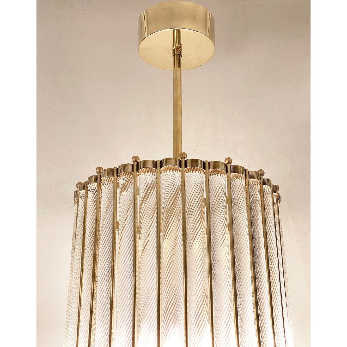 Italian Tall Crystal Twisted Murano Glass Brass Lantern Pendant / Chandelier