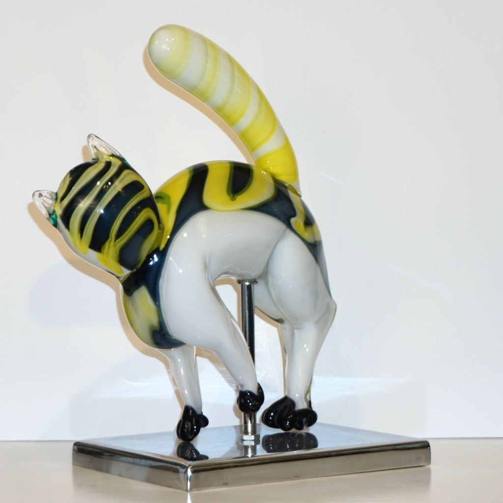 Alfredo Barbini Italian Modernist White Yellow Murano Art Glass Cat Sculpture