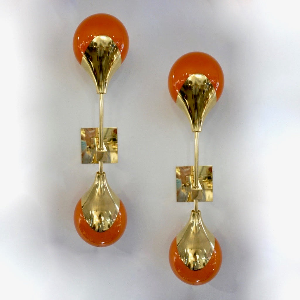 Contemporary Italian Pair of Two Globe White Orange Murano Glass Brass Sconces