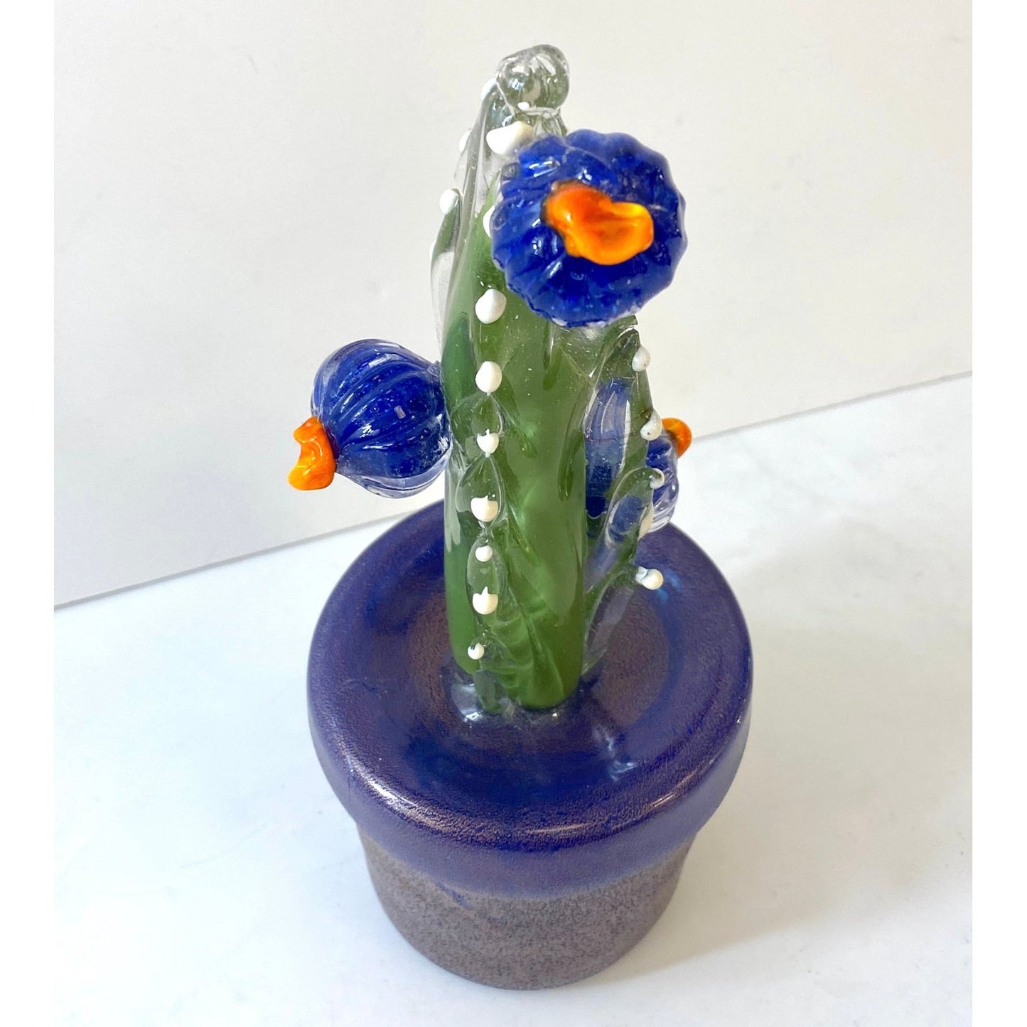 2000s Italian Moss Green Gold Murano Art Glass Cactus Plant with Blue Flowers