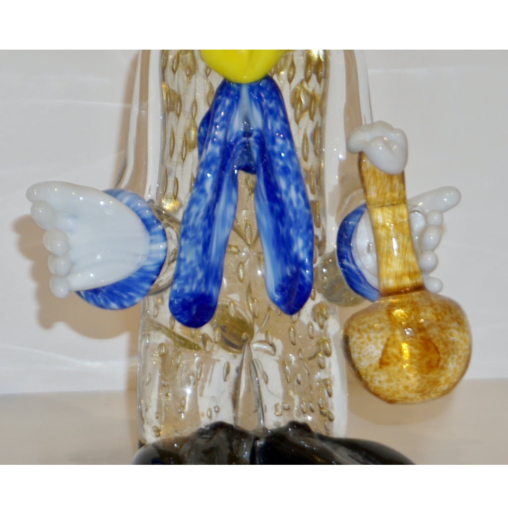 Modern Italian Yellow Black Murano Glass Clown Sculpture with Bottle & Blue Tie