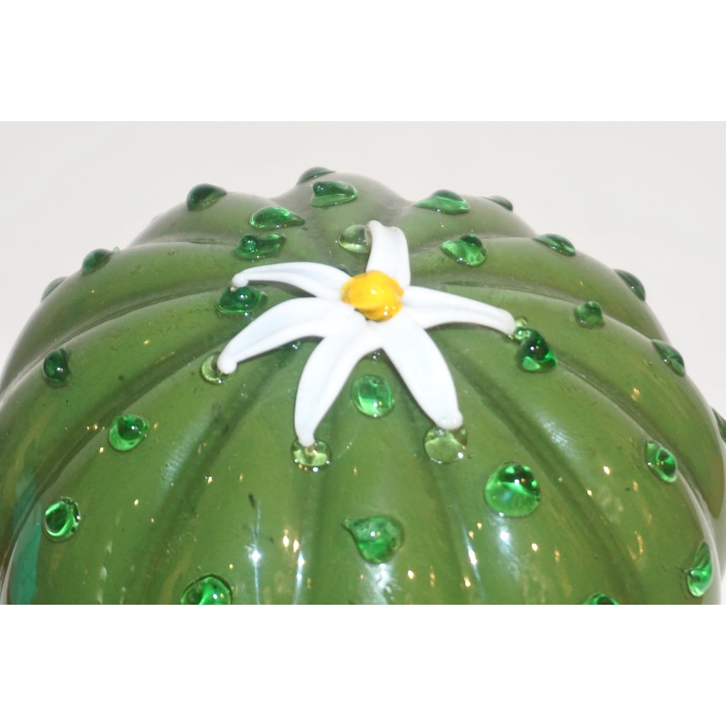1990s Vintage Italian Green Murano Glass Small Cactus Plant with White Flower