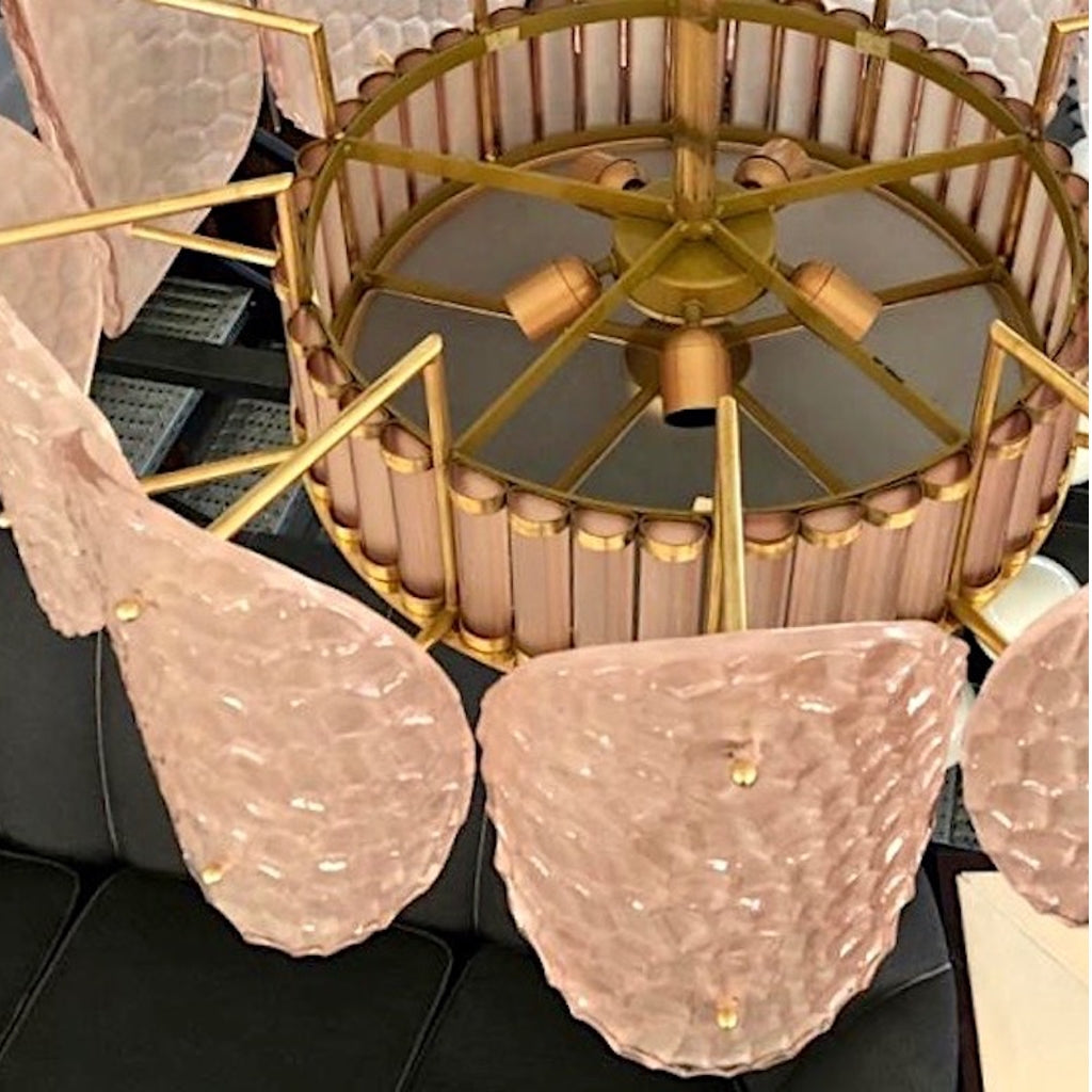 Bespoke Italian Crystal Rose Pink Murano Glass Brass Chandelier / Flushmount