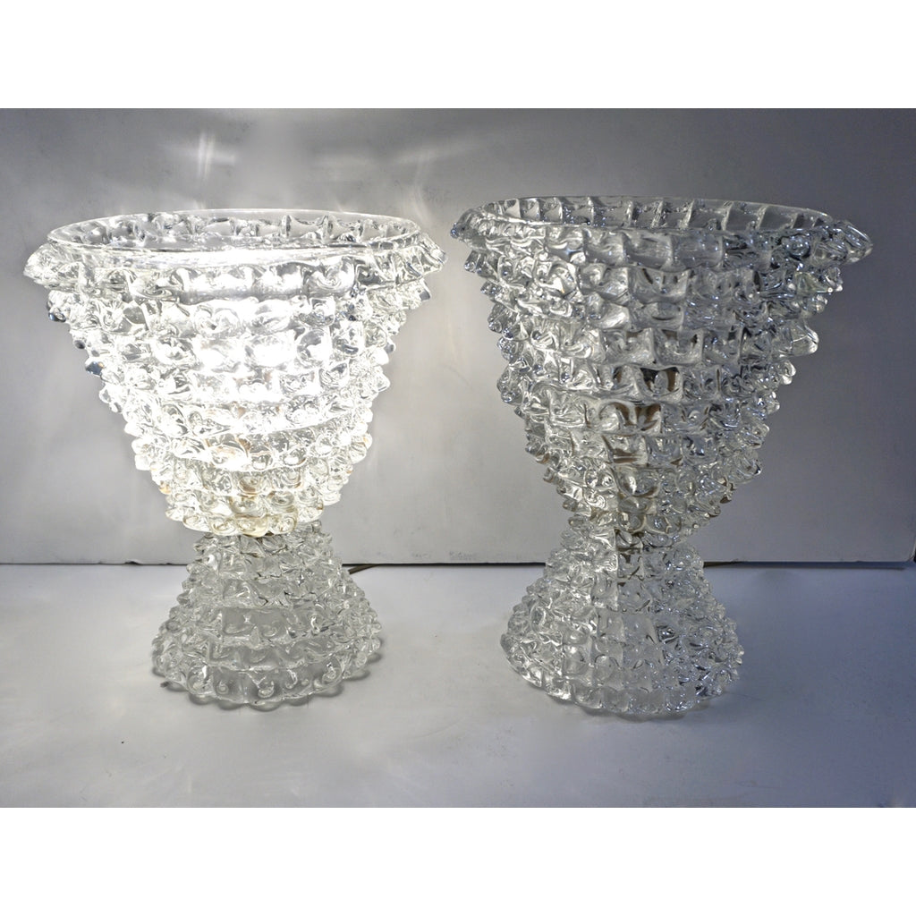 Italian Contemporary Hand Craft Pair of Crystal Rostrato Murano Glass Table Lamps