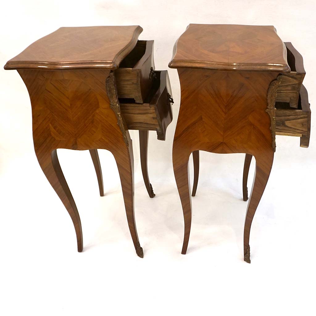 1940 French Louis XV Revival Pair of Inlaid Rosewood Walnut 2-Drawer Side Tables