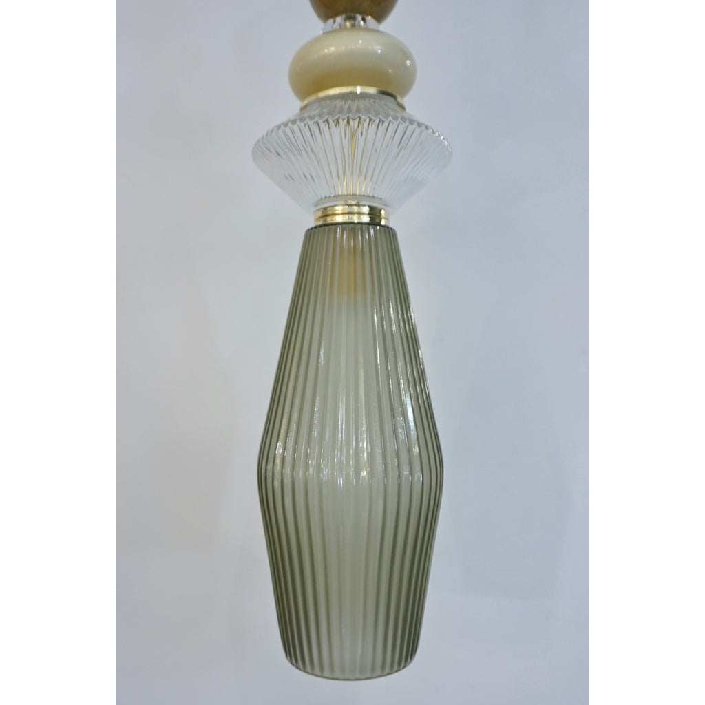 Custom Italian Crystal Gold and Gray Green Murano Glass Pendant Light