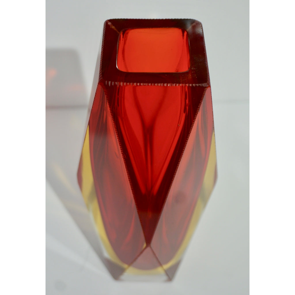 1950s Italian Vintage Seguso Yellow Red Crystal Murano Glass Multi Faceted Vase