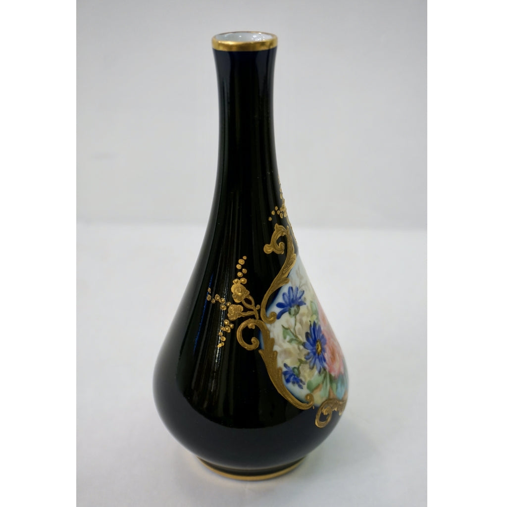 Limoges Porcelain 1930s Vintage French Pair of Cobalt Blue One Flower Vases