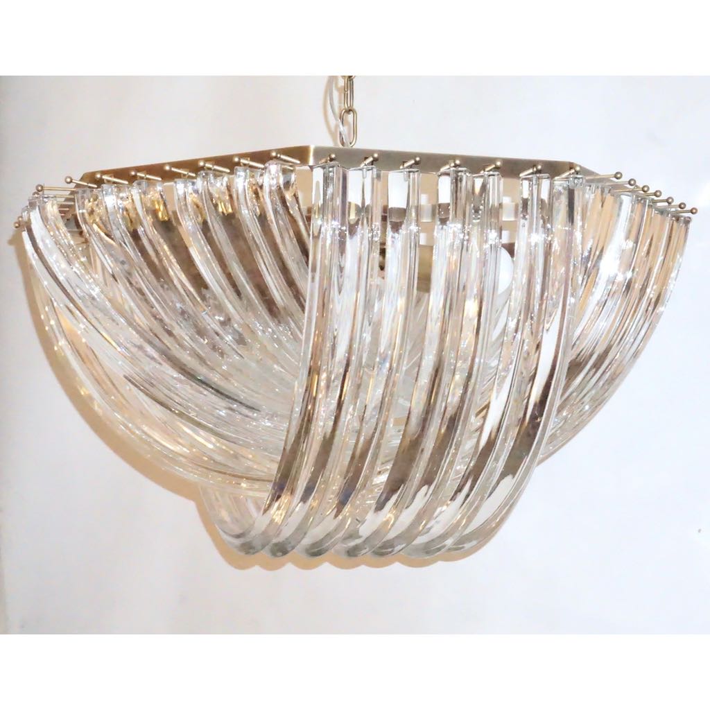 Contemporary Italian Minimalist Curved Crystal Murano Glass Bronzed Chandelier
