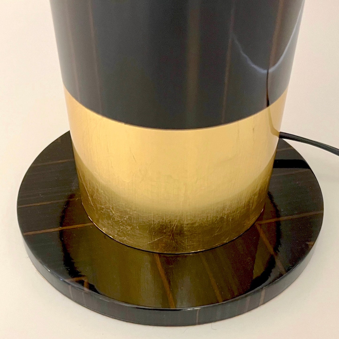 Spanish Art Deco Design Pair of Black Brown Veneer & Gold Leaf Cylindrical Lamps