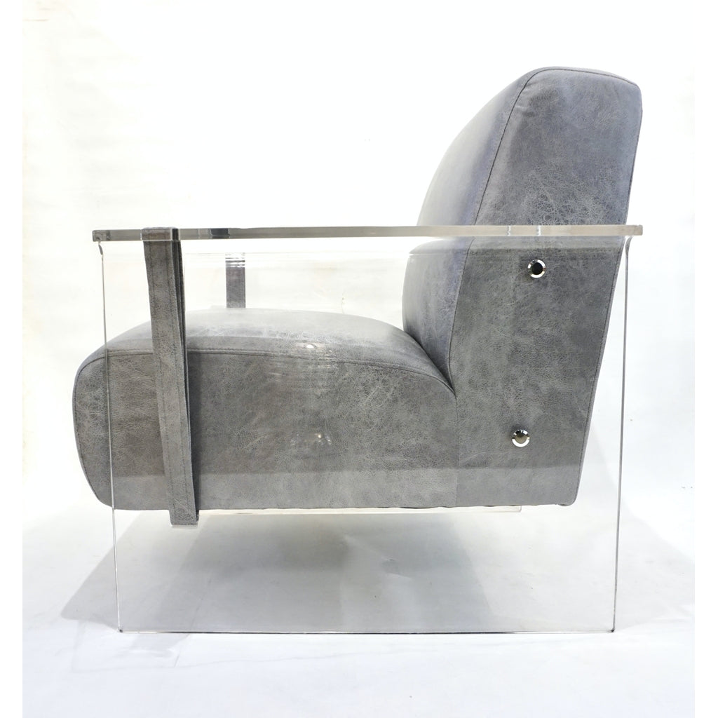 Bespoke Modernist Lucite Acrylic Lounge Armchair in Motley Gray Faux Leather