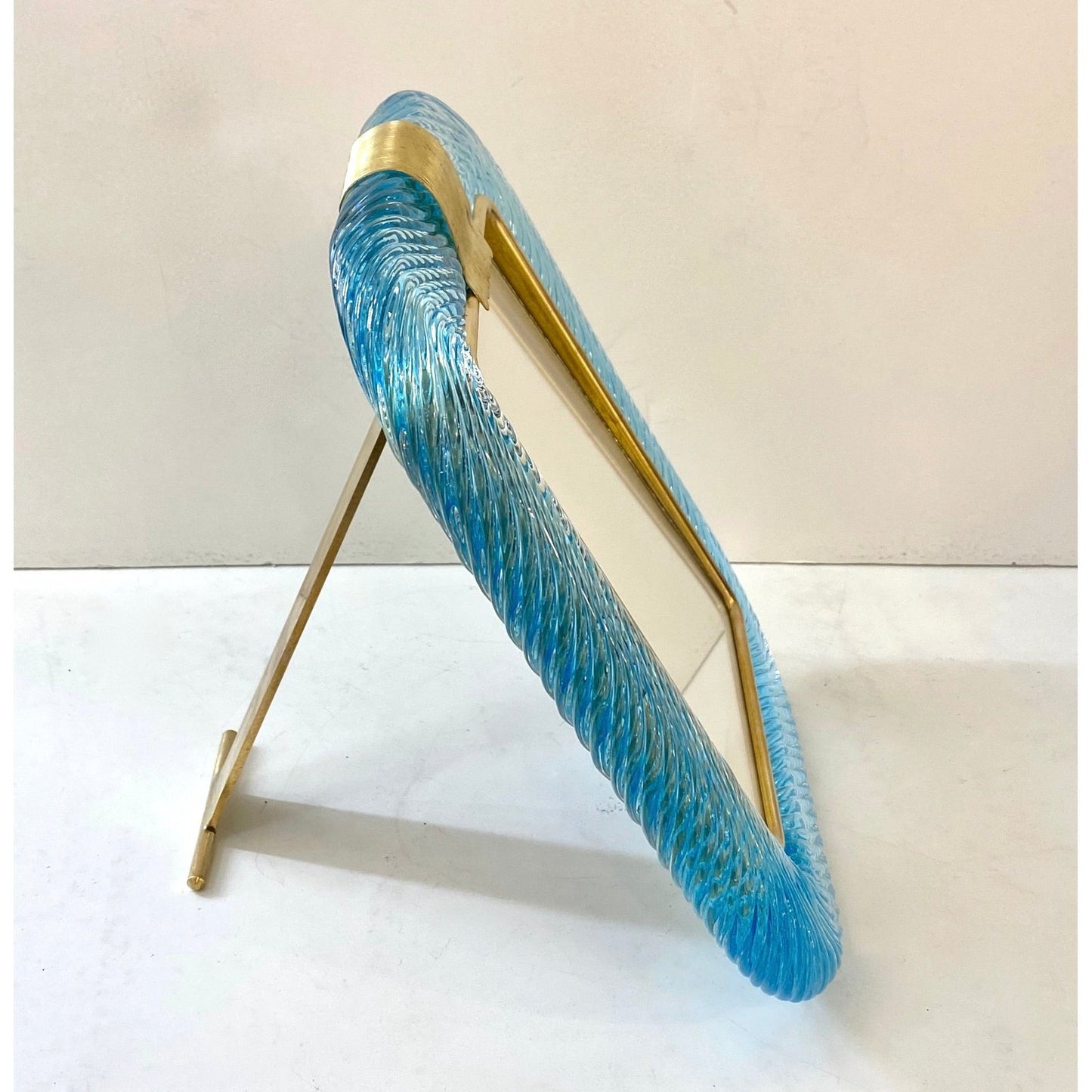 1980s Italian Vintage Aquamarine Blue Twisted Murano Glass & Brass Picture Frame
