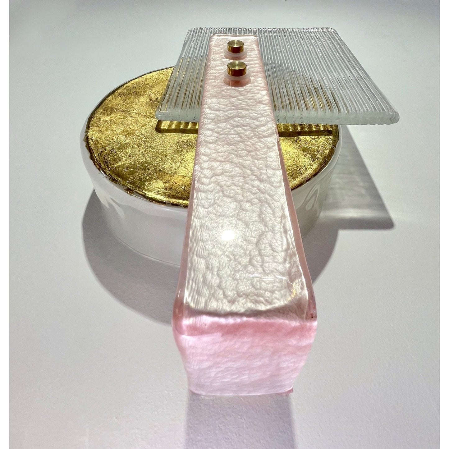 Italian Pair of Art Deco Style Textured Gold Pink & Crystal Murano Glass Sconces