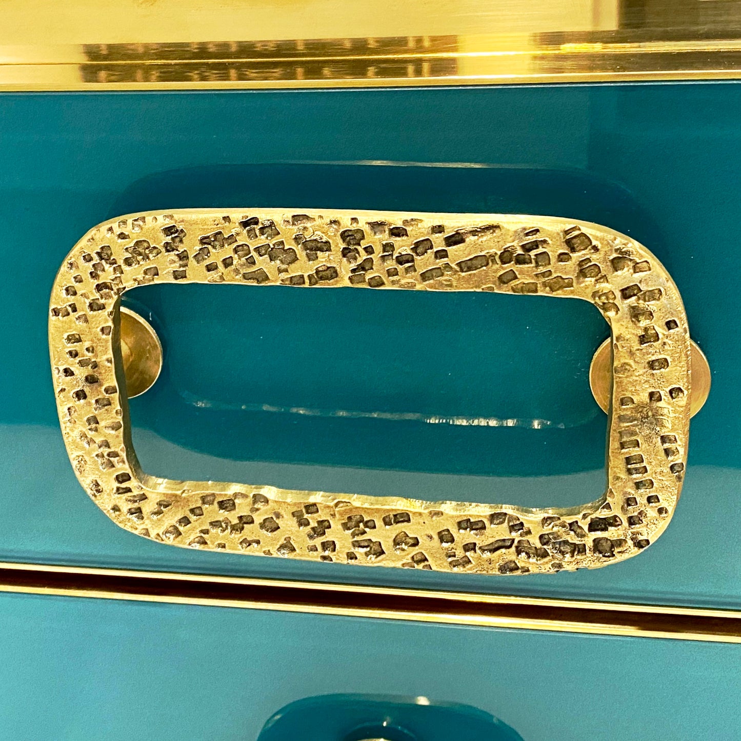 Bespoke Italian Art Design Brass Metallic Emerald Blue Glass Dresser Sideboard