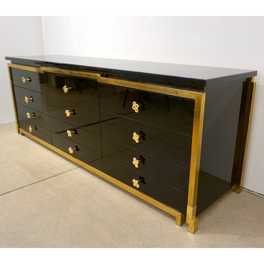 1970s Italian Vintage Studio A Brass & Black Lacquer 12-Drawer Dresser/Sideboard