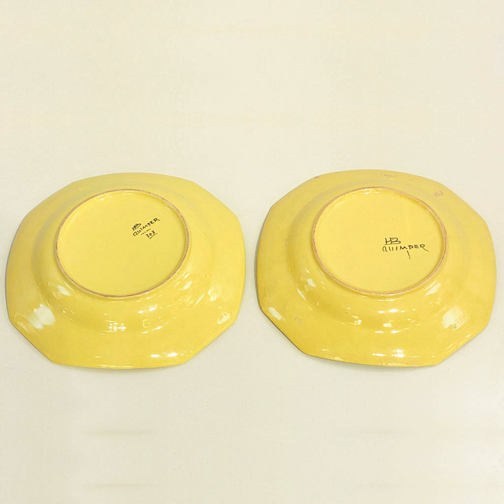 1930s French Henriot Quimper Faience Pair of Man Woman Octagonal Yellow Plates
