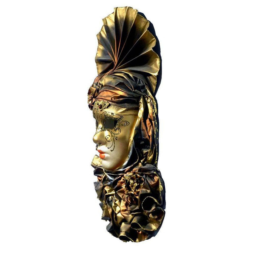 Italian Modern Venetian Carnival Handmade Orange and Gold Mask with Flower Pleated Jabot
