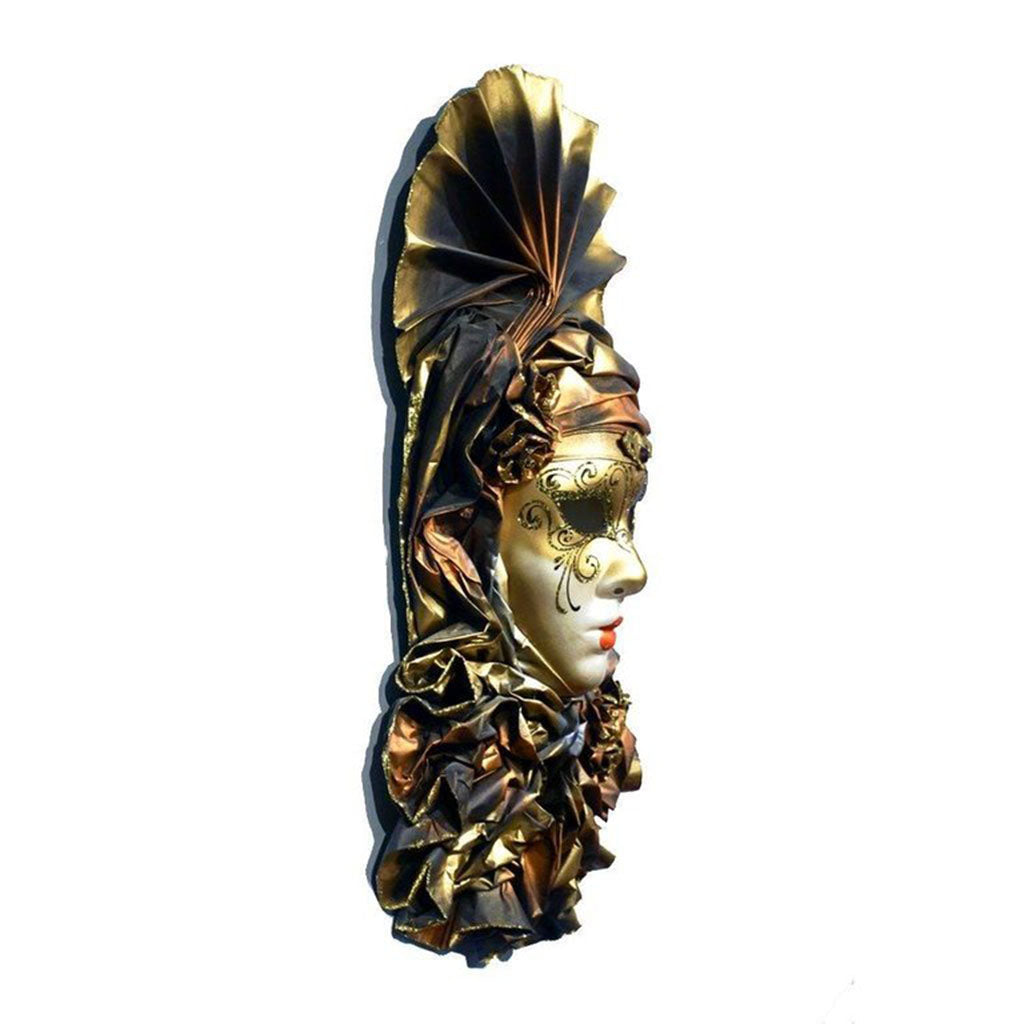 Italian Modern Venetian Carnival Handmade Orange and Gold Mask with Flower Pleated Jabot
