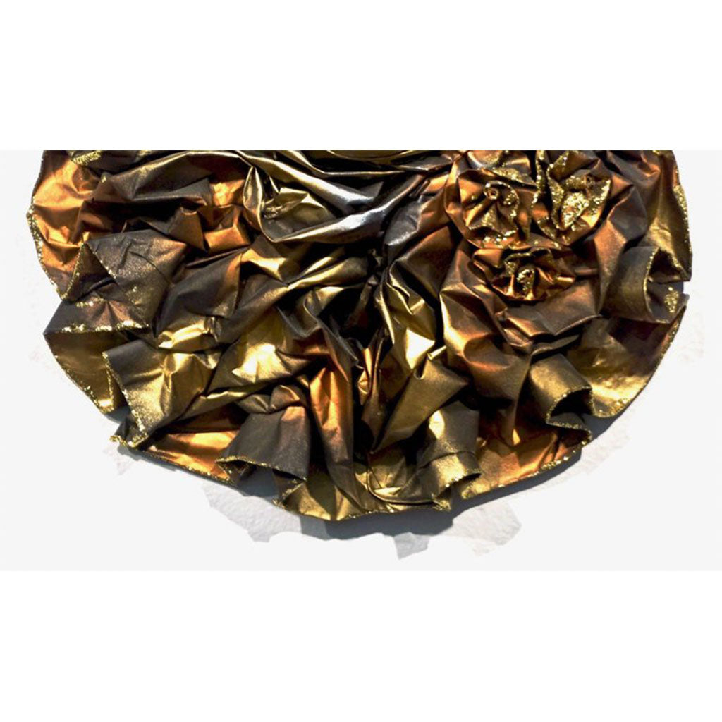 Italian Modern Venetian Carnival Handmade Orange and Gold Mask with Flower Pleated Jabot