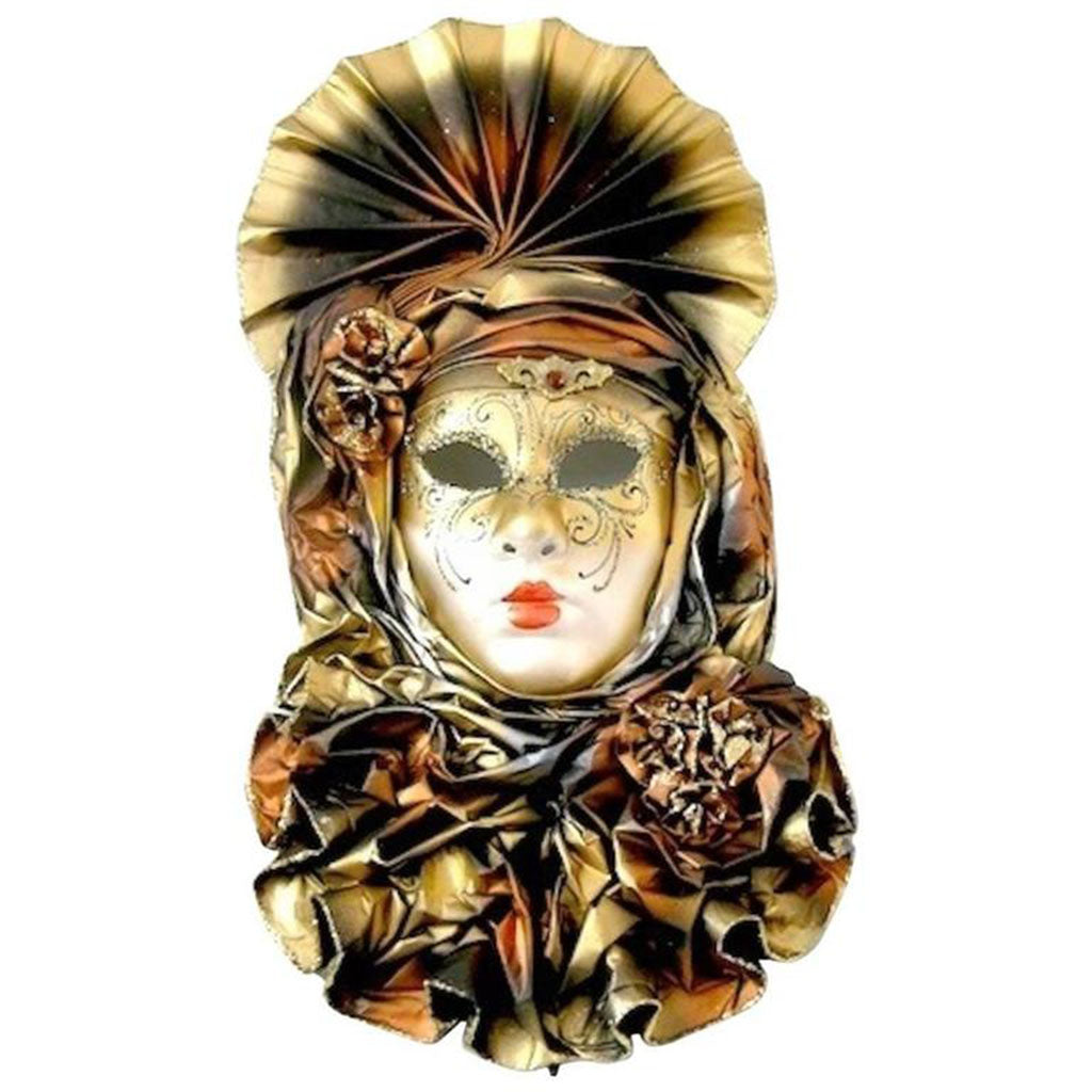 Italian Modern Venetian Carnival Handmade Orange and Gold Mask with Flower Pleated Jabot
