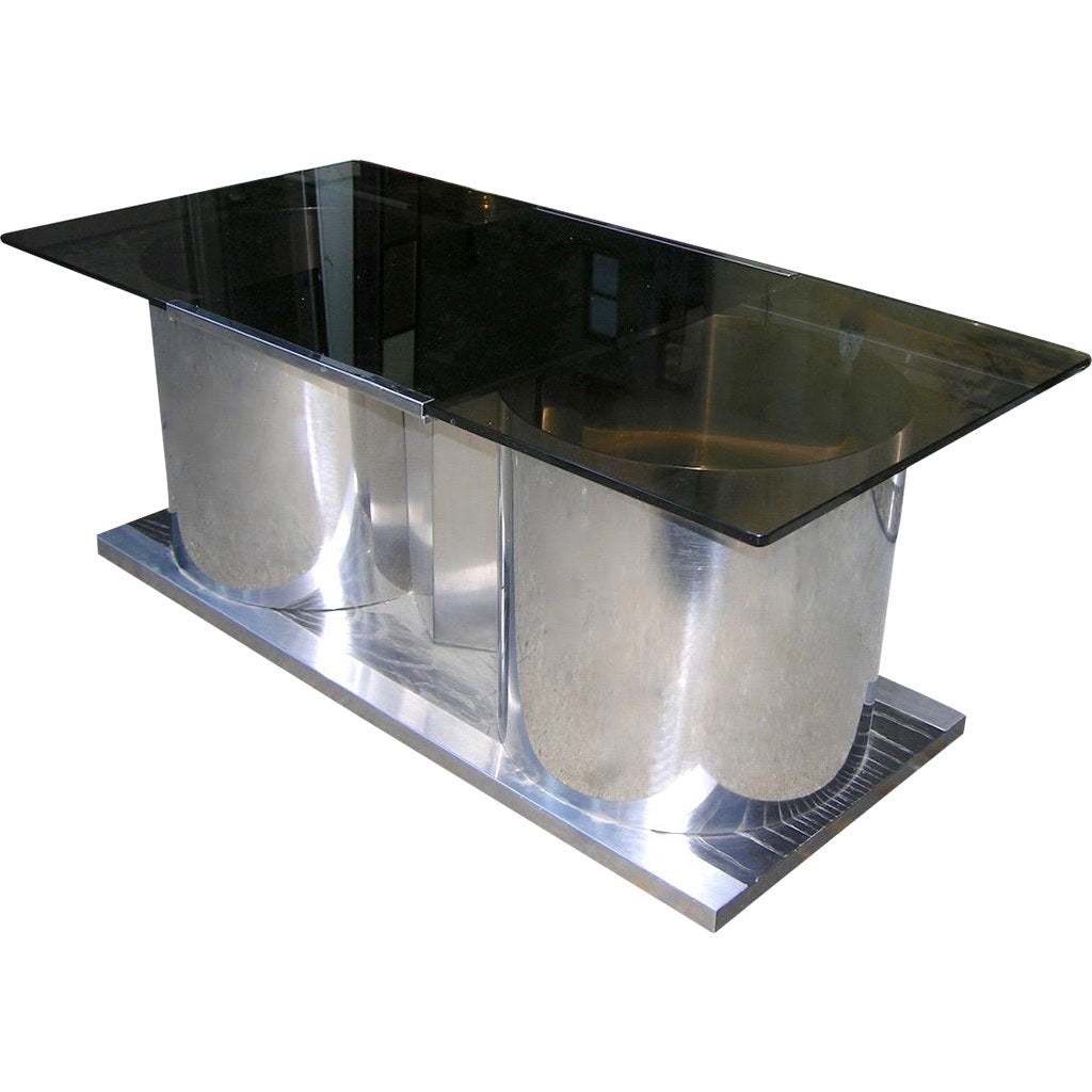 1970s Italian Chrome Coffee Table with Dry Bar Storage & Swivel Smoked Glass Top