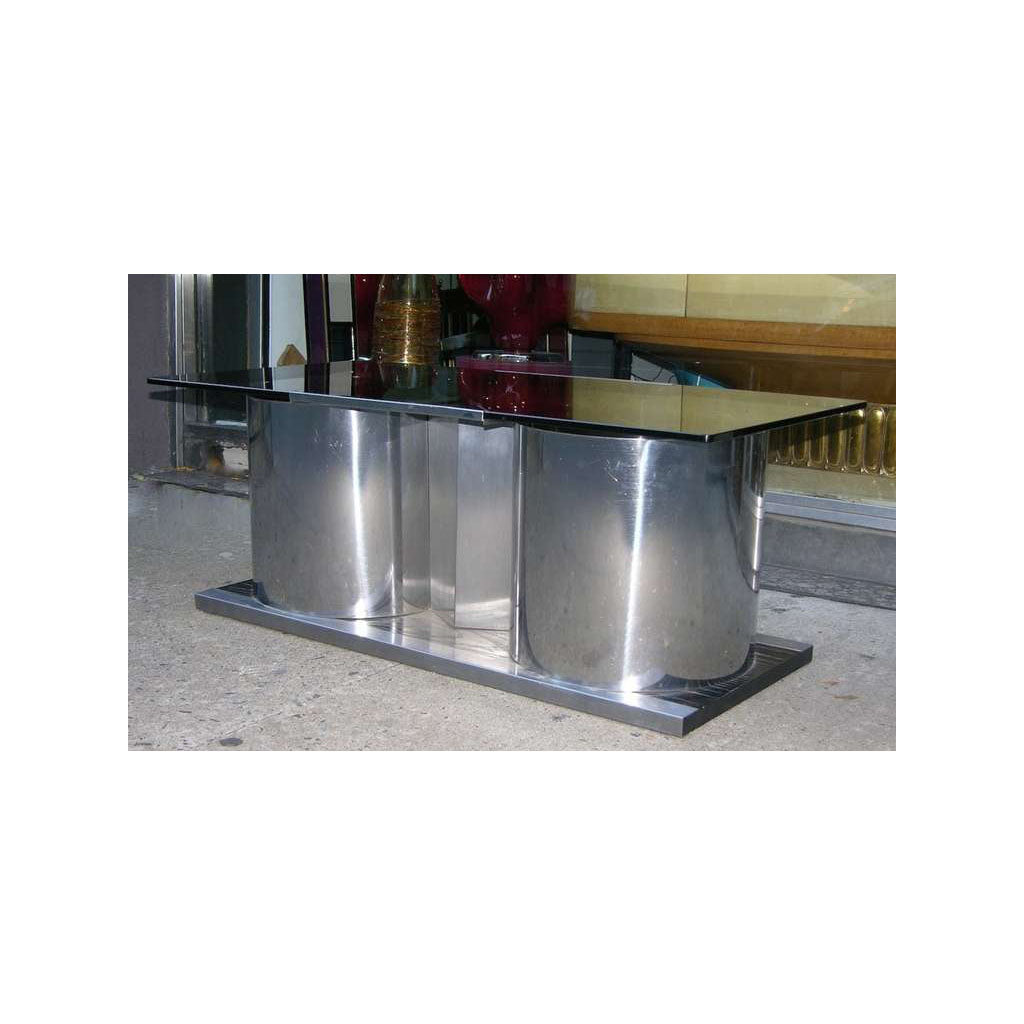 1970s Italian Chrome Coffee Table with Dry Bar Storage & Swivel Smoked Glass Top
