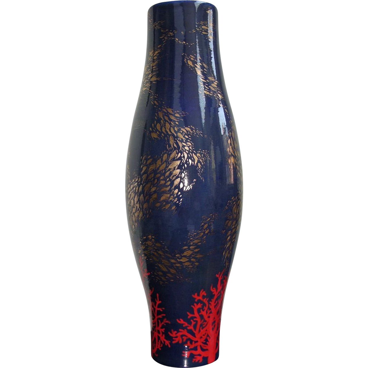 Modern Italian Monumental Gold Red Blue Vase by Ceramica Gatti with Sea Deco - Cosulich Interiors & Antiques