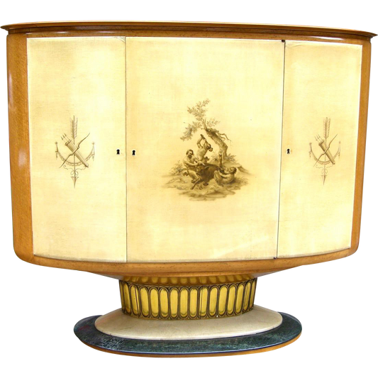 1940s Italian Parchment Cabinet or Bar with Bird's-Eye Maple Interior - Cosulich Interiors & Antiques