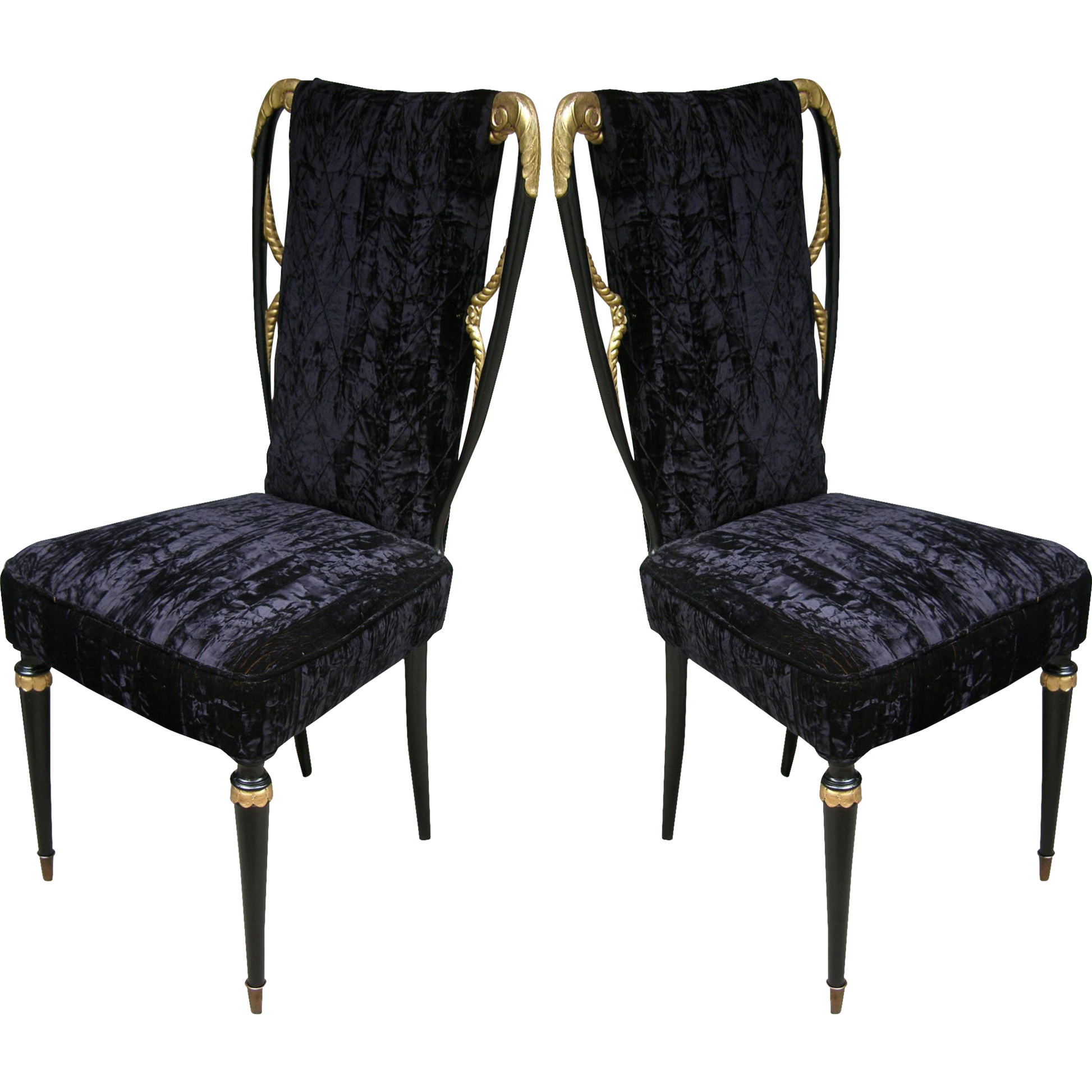 Early 1940s Glamorous Italian Pair of Side Chairs in Black Silk Velvet - Cosulich Interiors & Antiques