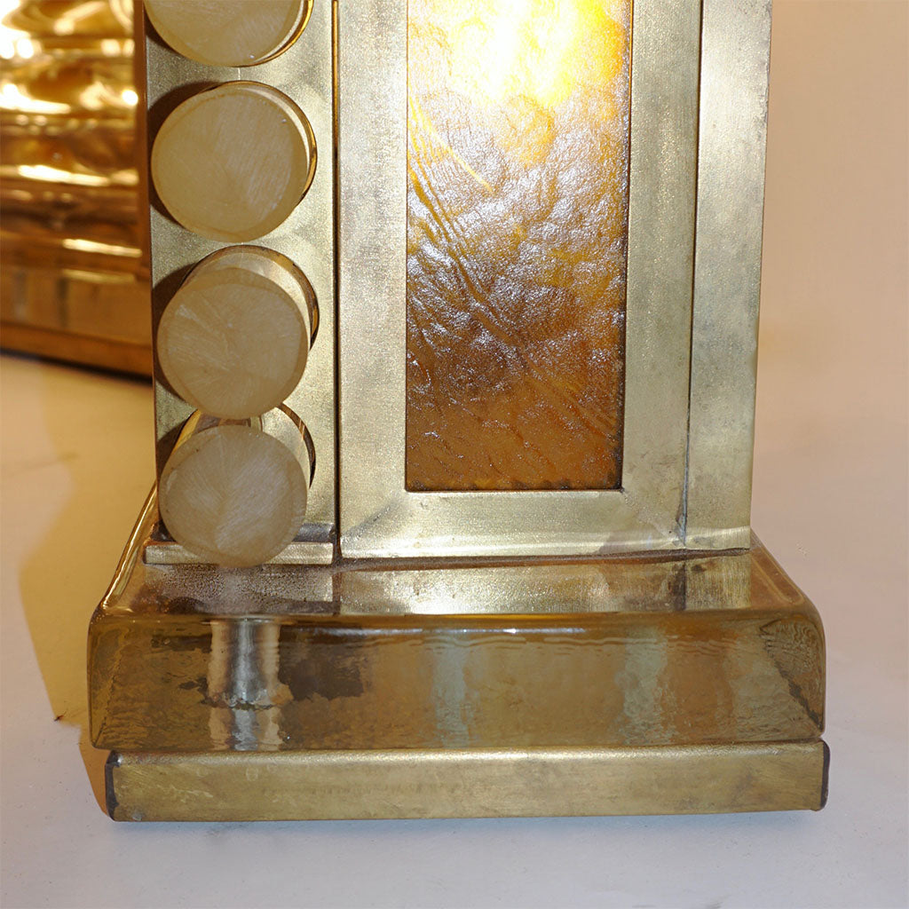 1970s Italian Post Modern Pair of Gold Brass & Crystal Glass Urban Design Lamps