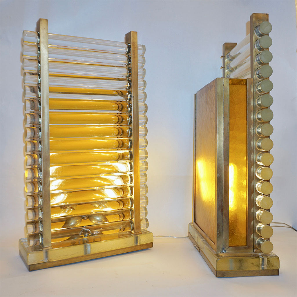 1970s Italian Post Modern Pair of Gold Brass & Crystal Glass Urban Design Lamps