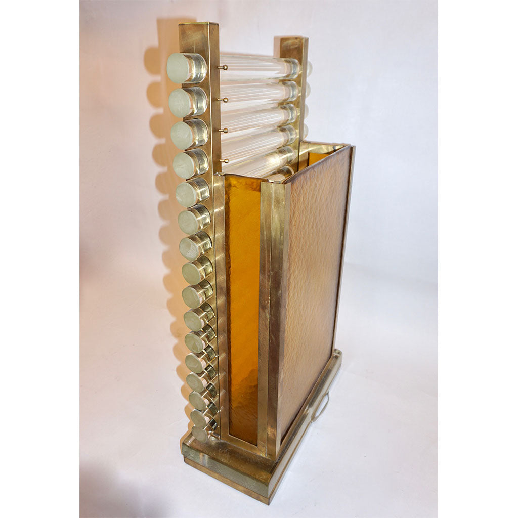 1970s Italian Post Modern Pair of Gold Brass & Crystal Glass Urban Design Lamps