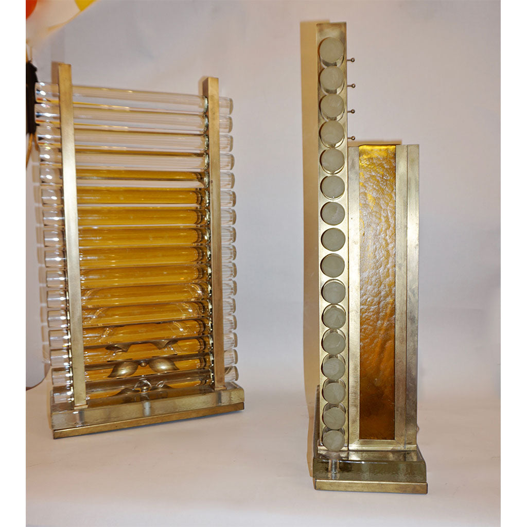 1970s Italian Post Modern Pair of Gold Brass & Crystal Glass Urban Design Lamps