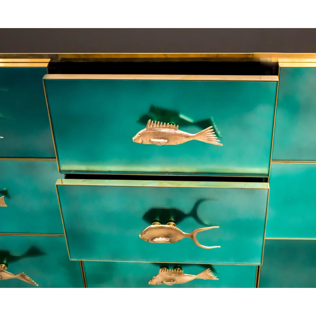 Bespoke Italian Brass Emerald Blue Green Art Glass 9-Drawer Dresser Sideboard