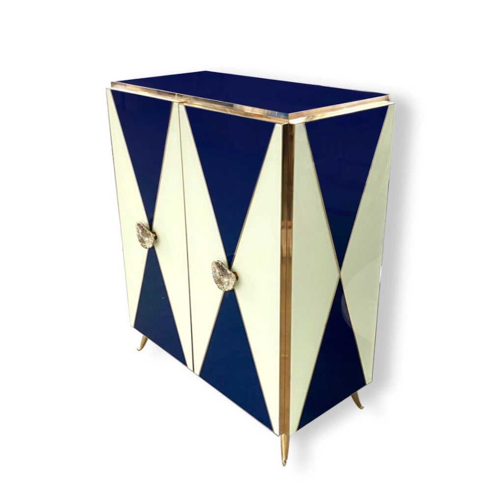 Bespoke Italian Art Design Brass White & Dark Blue Glass 2-Door Highboy Cabinet