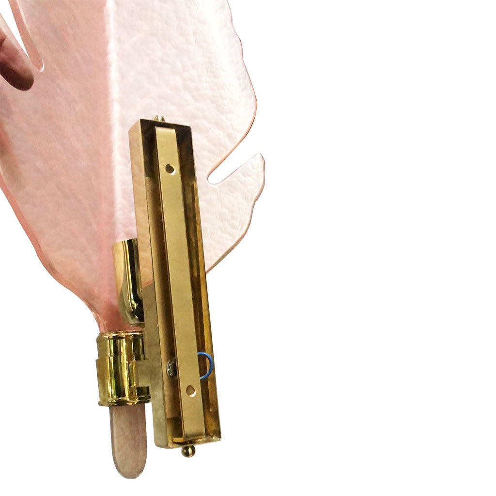 Contemporary Italian Art Deco Pink Murano Glass & Brass Feather Leaf Sconces