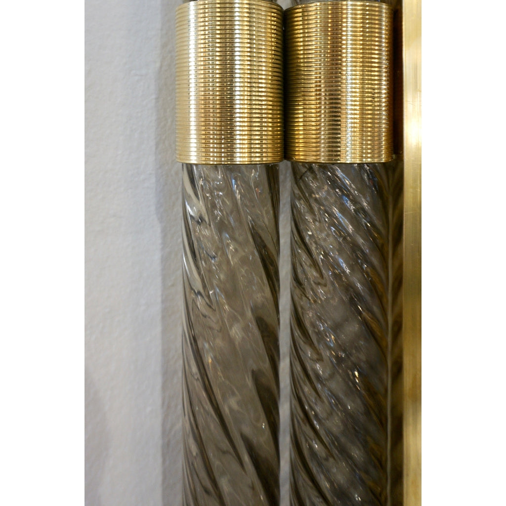 Italian Art Deco Design Twisted Gray Smoked Murano Glass & Gold Brass Mirror