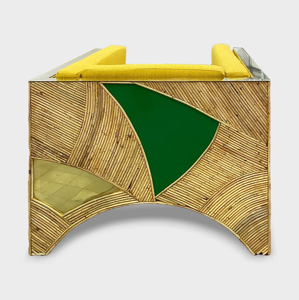 Contemporary Italian Rattan Armchair with Green Brass Details & Yellow Fabric