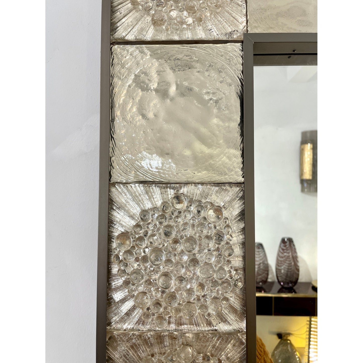 Customizable Italian Smoked Silver Murano Glass Geometric Gun Metal Tile Mirror