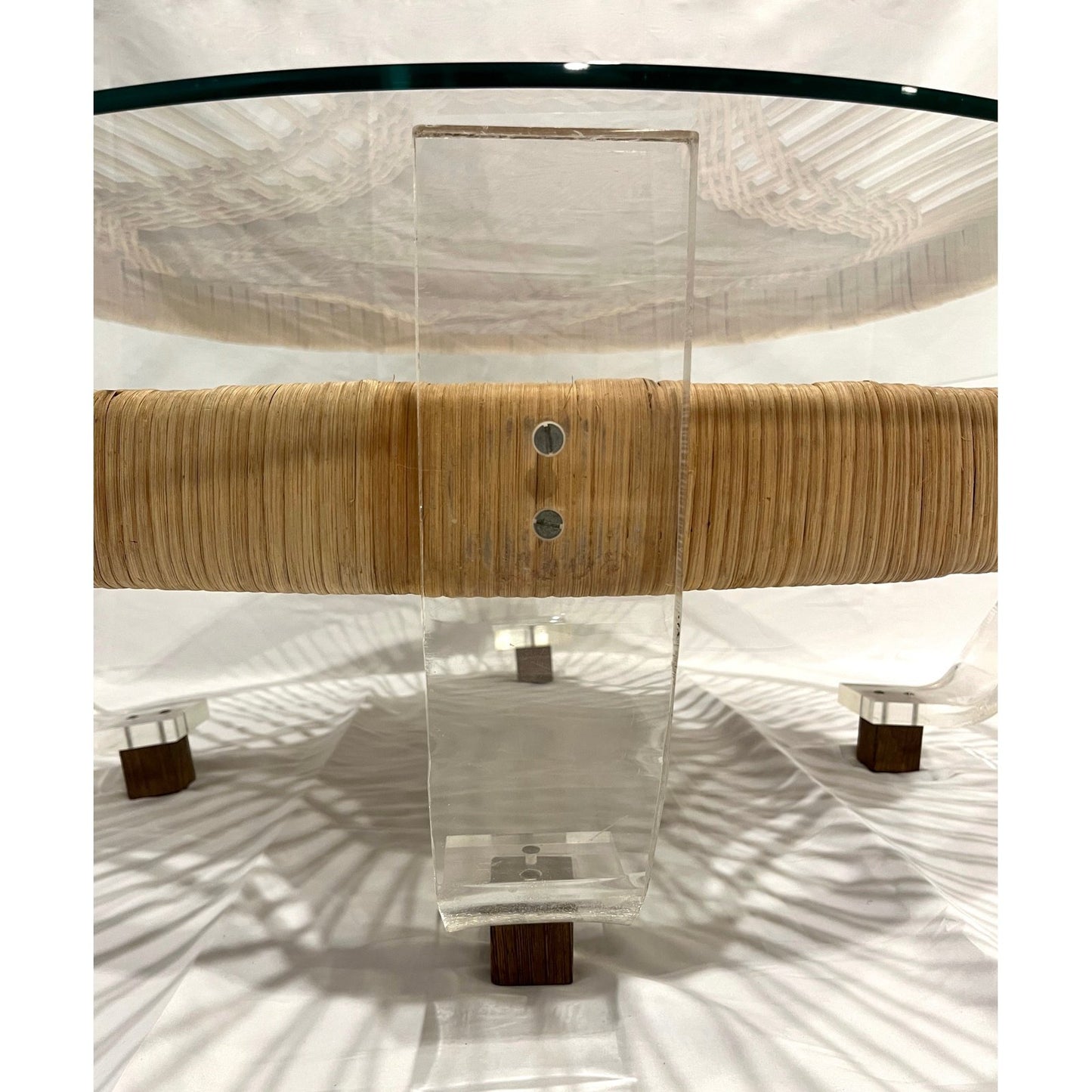French Vintage 2-Tier Jacaranda Wood Weaved Rattan Sofa Table with Lucite Feet